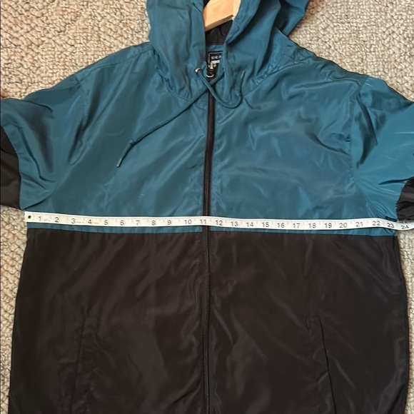 Teal and Black Men's Windbreaker Jacket with Hood - Picture 11 of 12